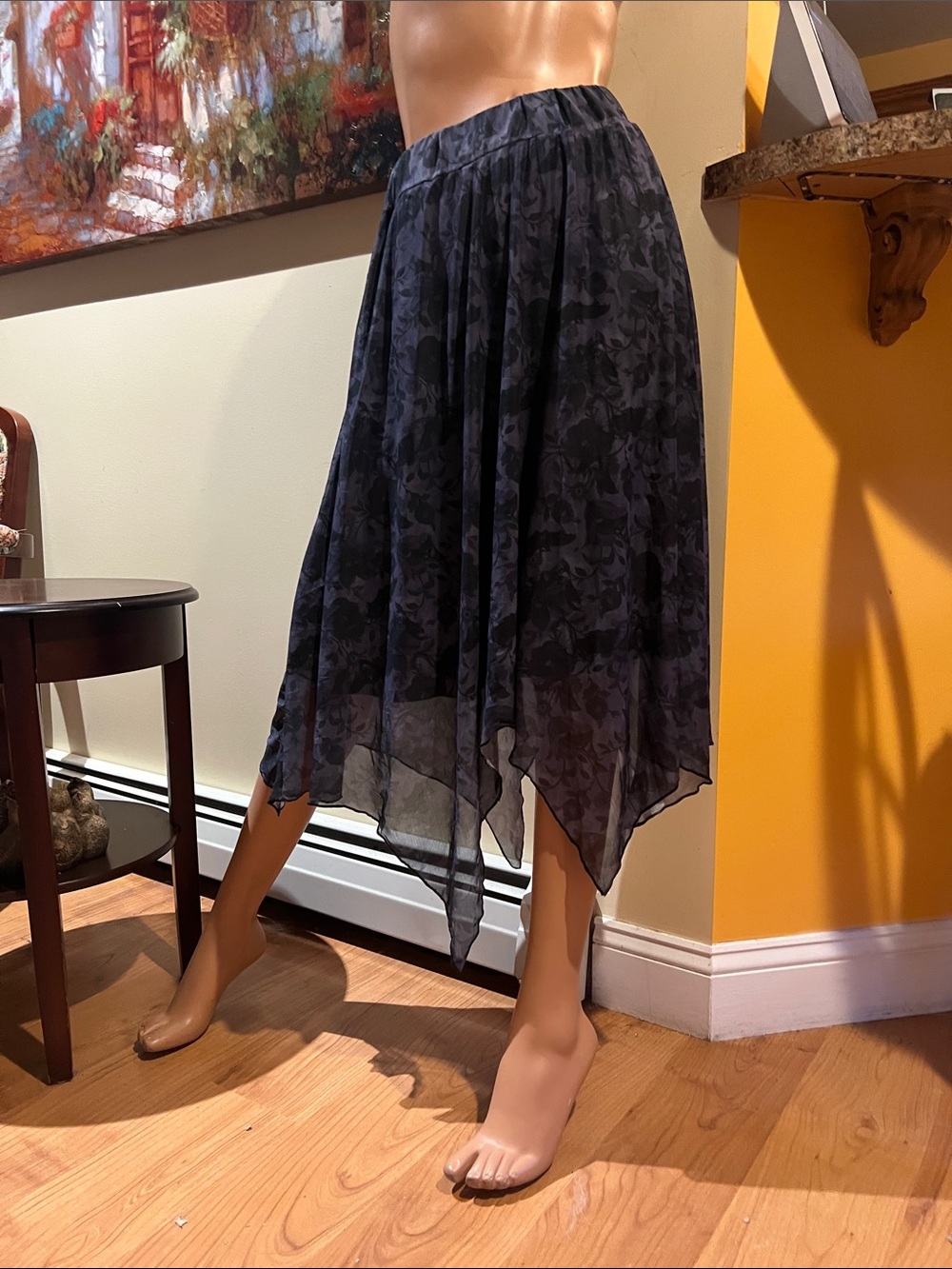 Dark bats & flowers S Floral Handkerchief Hem Skirt asymmetrical nwt